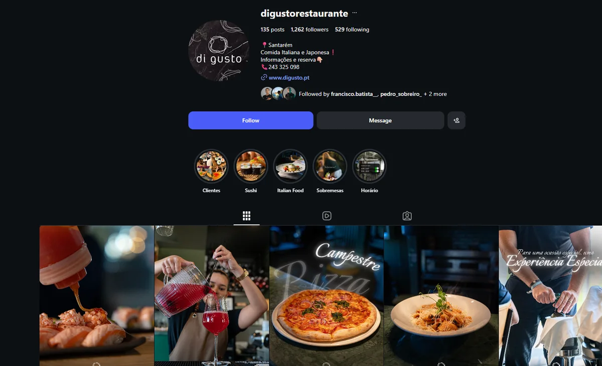 Perfil de Instagram do Digusto Restaurante