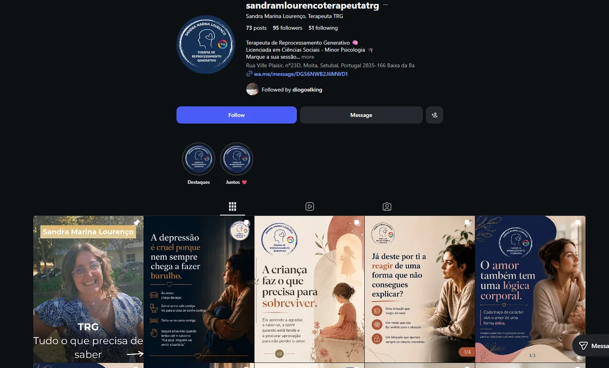 Perfil de Instagram da Sandra Lourenço Terapeuta TRG